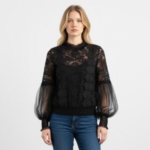 Love University Black Sheer Mesh‎ Balloon Sleeves with Lace Woman’s Blouse